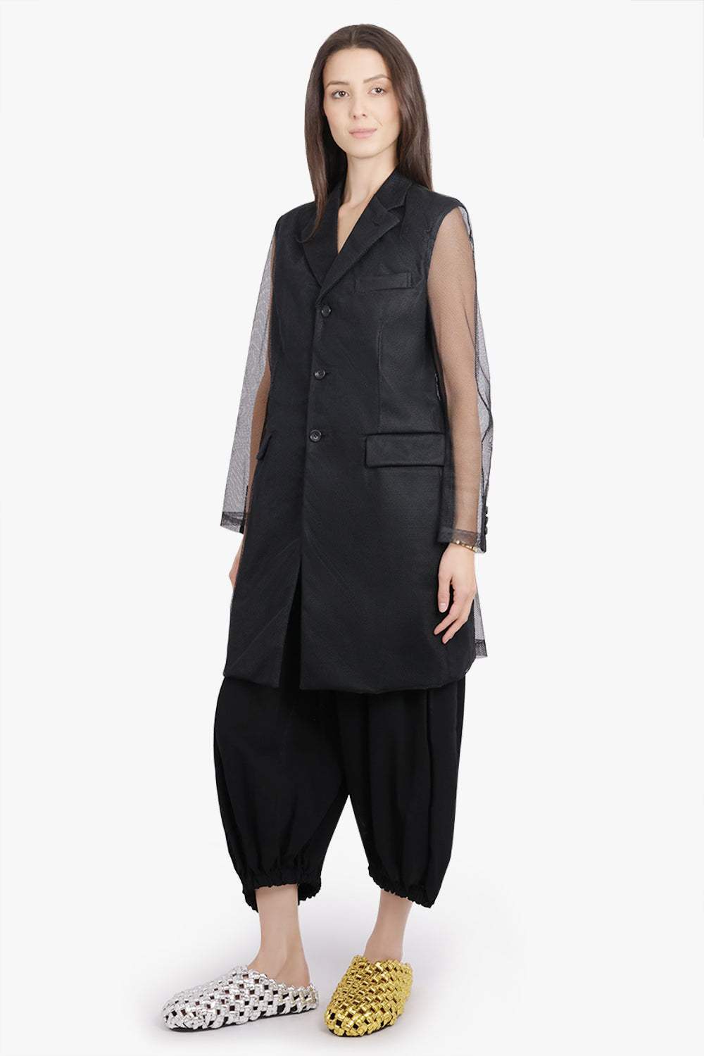 COMME DES GARCONS RTW Tulle Overlay Tailored Long Coat With Sheer Sleeves | Black