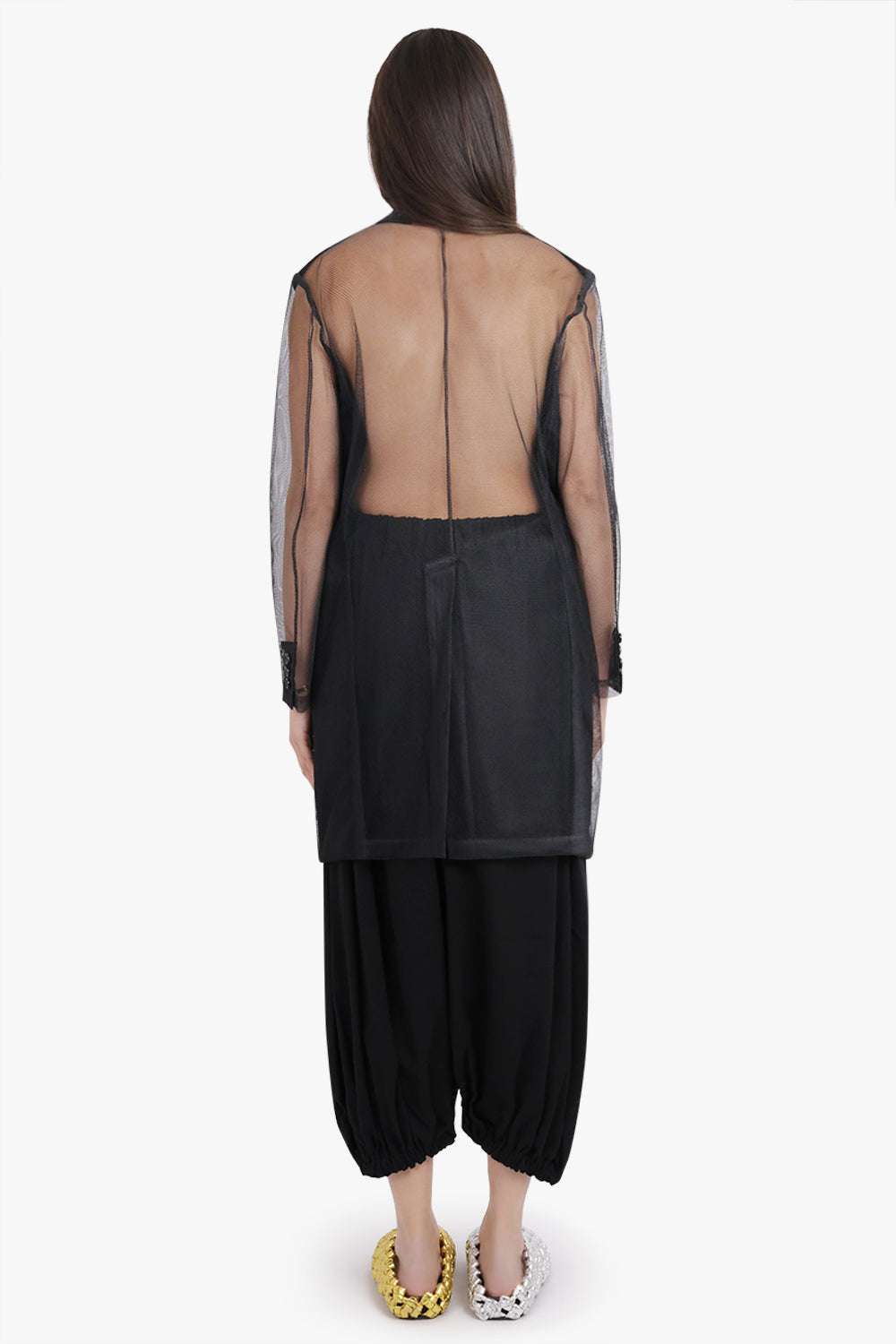 COMME DES GARCONS RTW Tulle Overlay Tailored Long Coat With Sheer Sleeves | Black