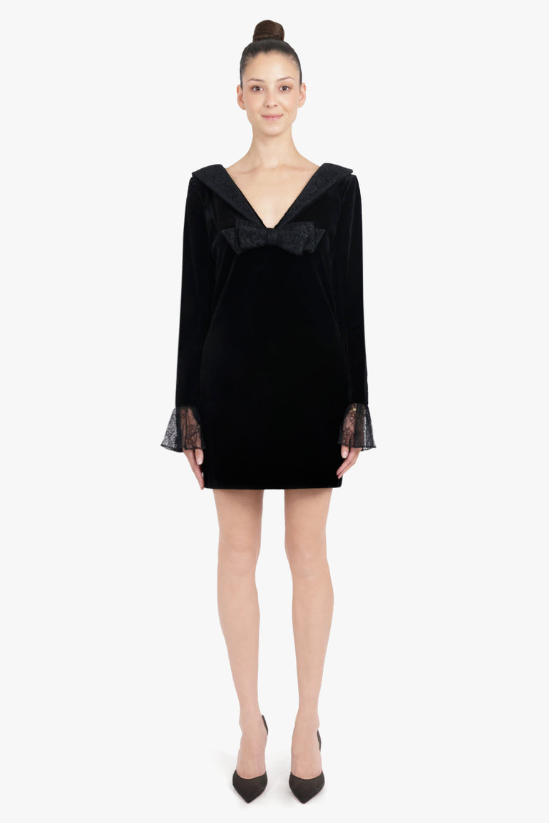 NINA RICCI RTW V Neck Velvet L/S Mini Dress With Lace Bow | Black