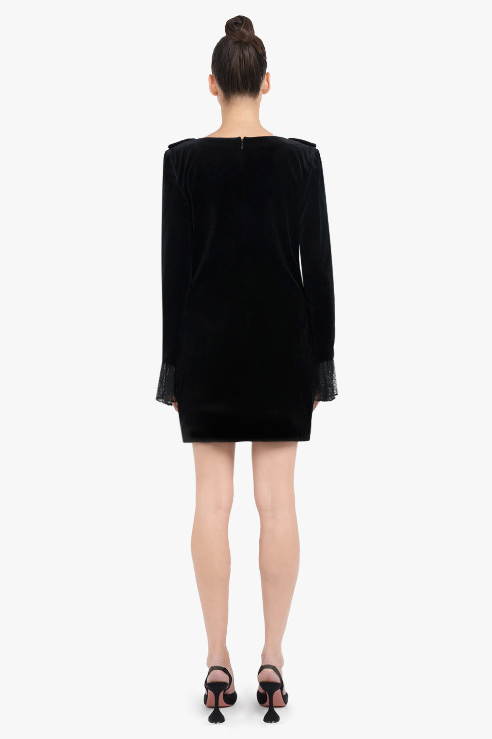NINA RICCI RTW V Neck Velvet L/S Mini Dress With Lace Bow | Black