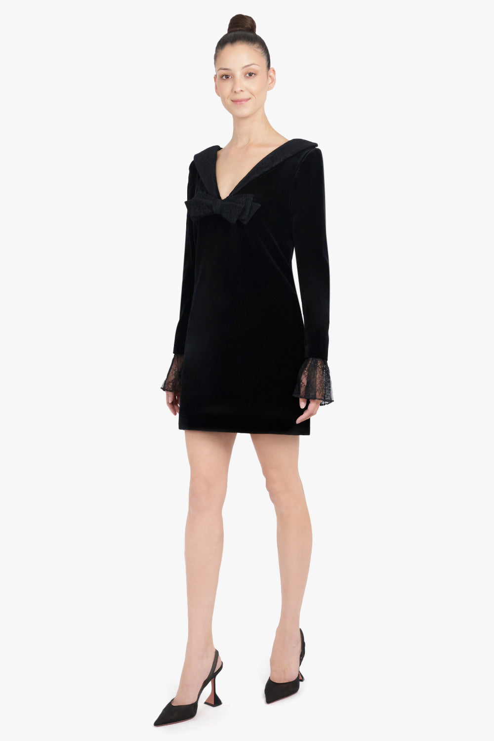 NINA RICCI RTW V Neck Velvet L/S Mini Dress With Lace Bow | Black
