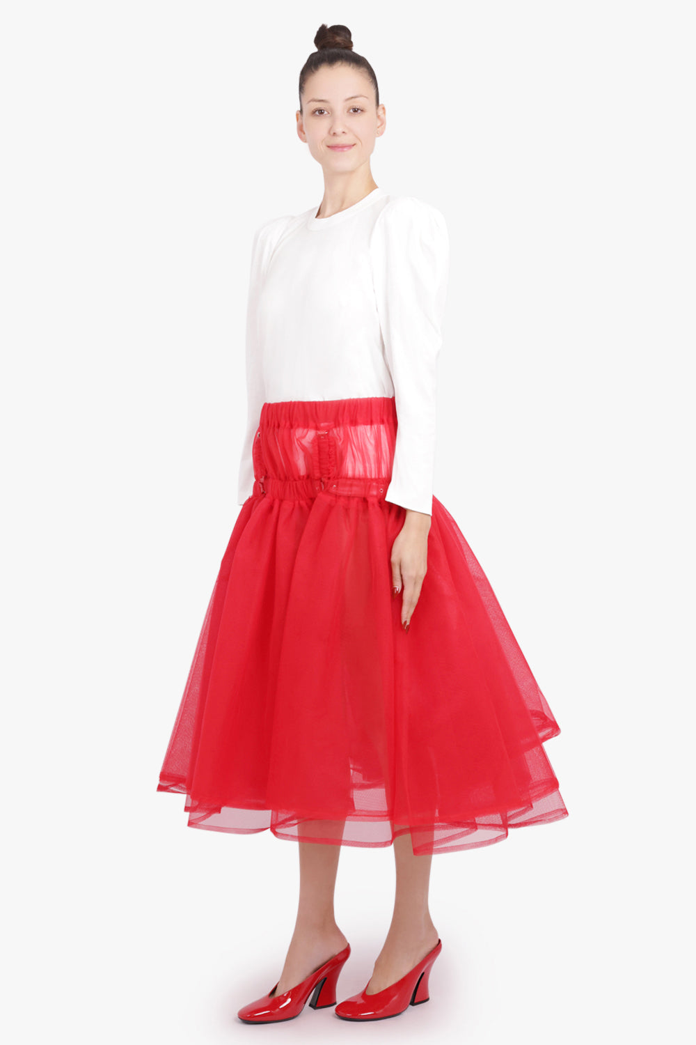 NOIR KEI NINOMIYA RTW Layered Tulle Garter Belted Midi Skirt | Red