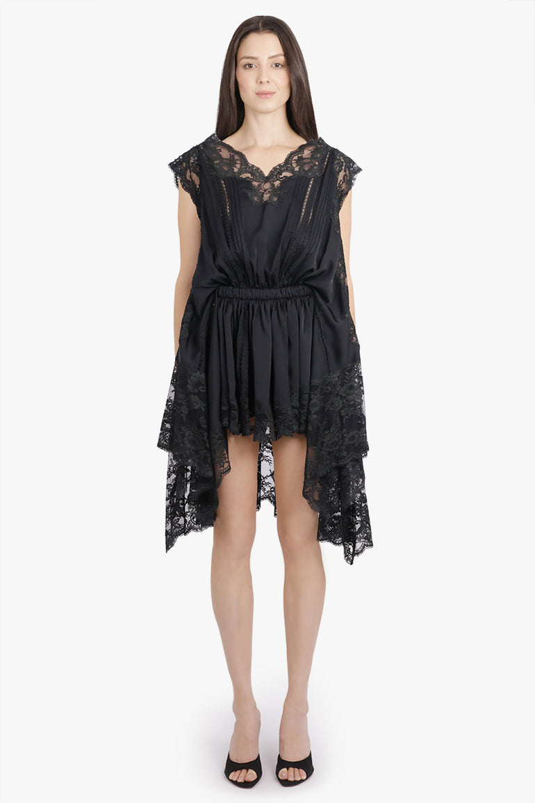 RABANNE RTW Lace Detail S/Less Ruched Midi Dress | Black
