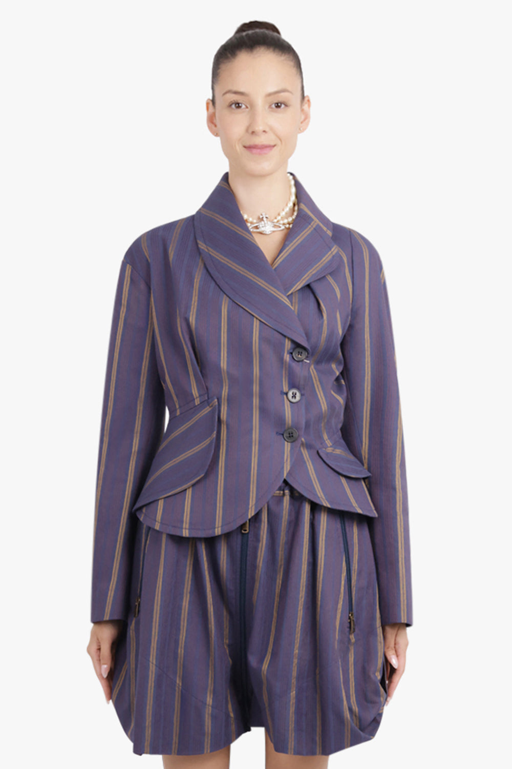 VIVIENNE WESTWOOD RTW Stormy Asymmetric Stripe Jacket | Dusk Blue/Mustard