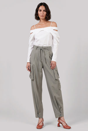 Wide Leg Cotton Cargo Pants | Stone Green