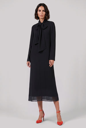 Bow L/S Midi Drape Dress with Scarf Collar | Black