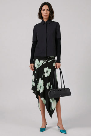 Belted Asymmetric Jersey Print Skirt | Black/Aqua