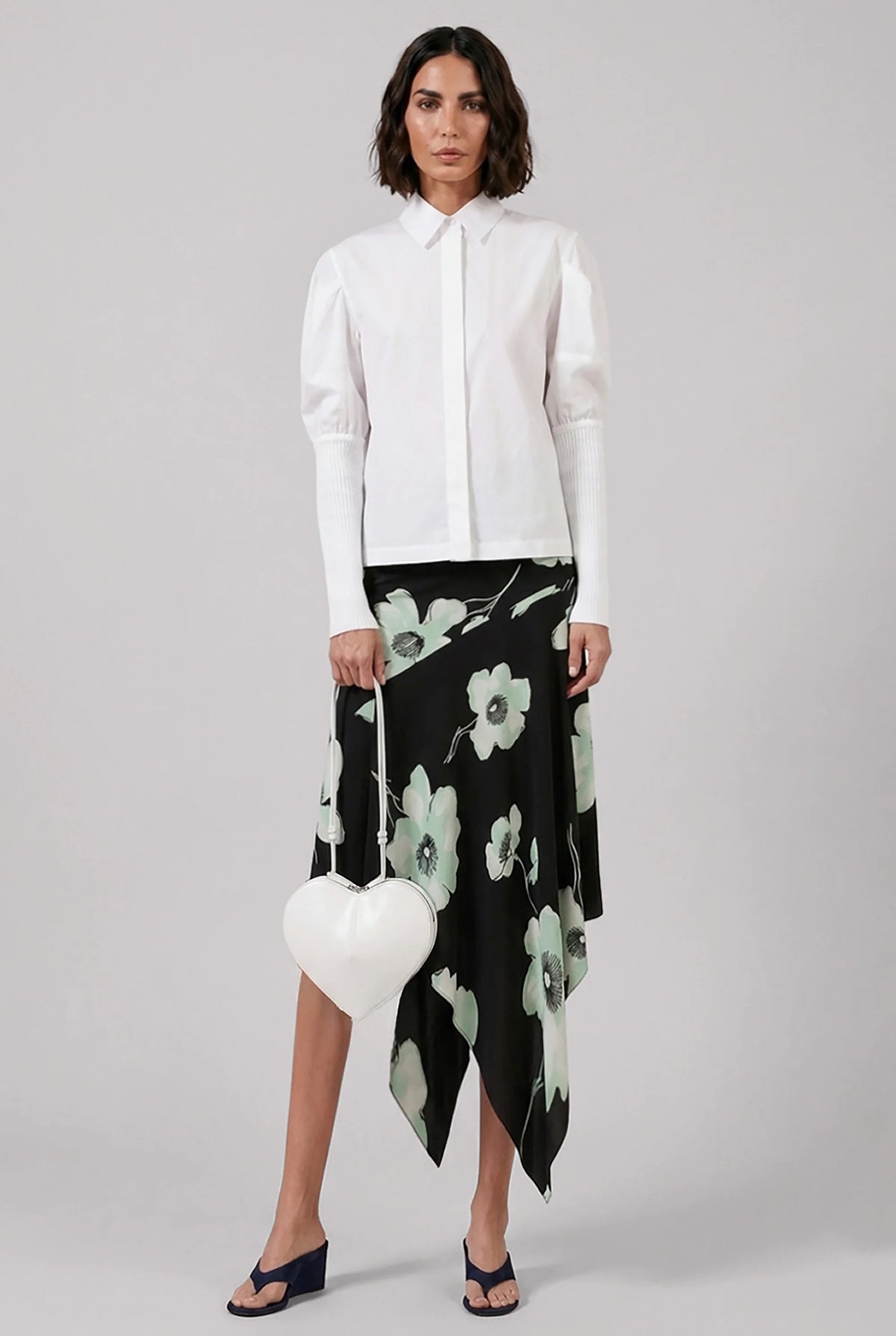 ALAIA RTW Belted Asymmetric Jersey Print Skirt | Black/Aqua