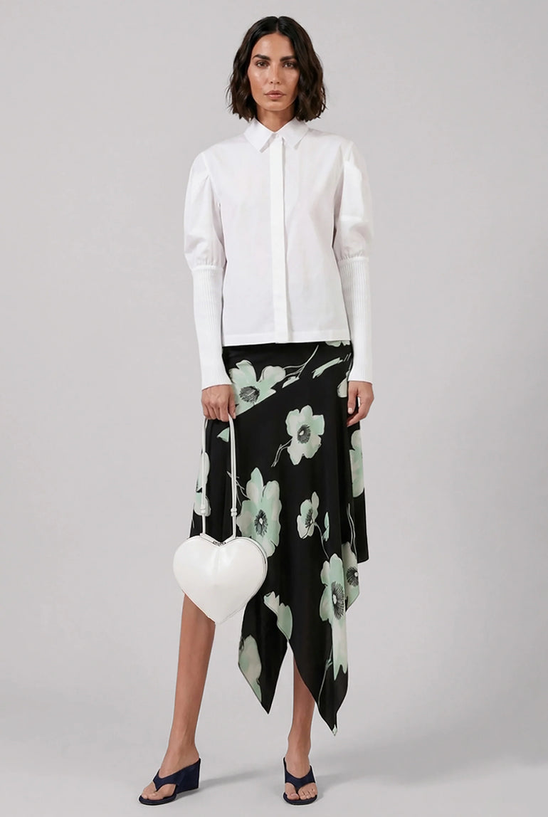 ALAIA RTW Belted Asymmetric Jersey Print Skirt | Black/Aqua