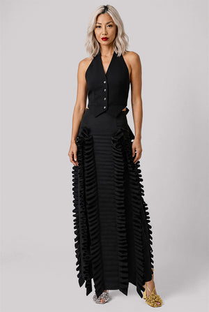 AWAKE MODE RYW Laminary Ruffle Panel Slit Skirt | Black