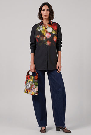 Casia Pixel Floral Oversize Cocoon Shirt | Black/Multi