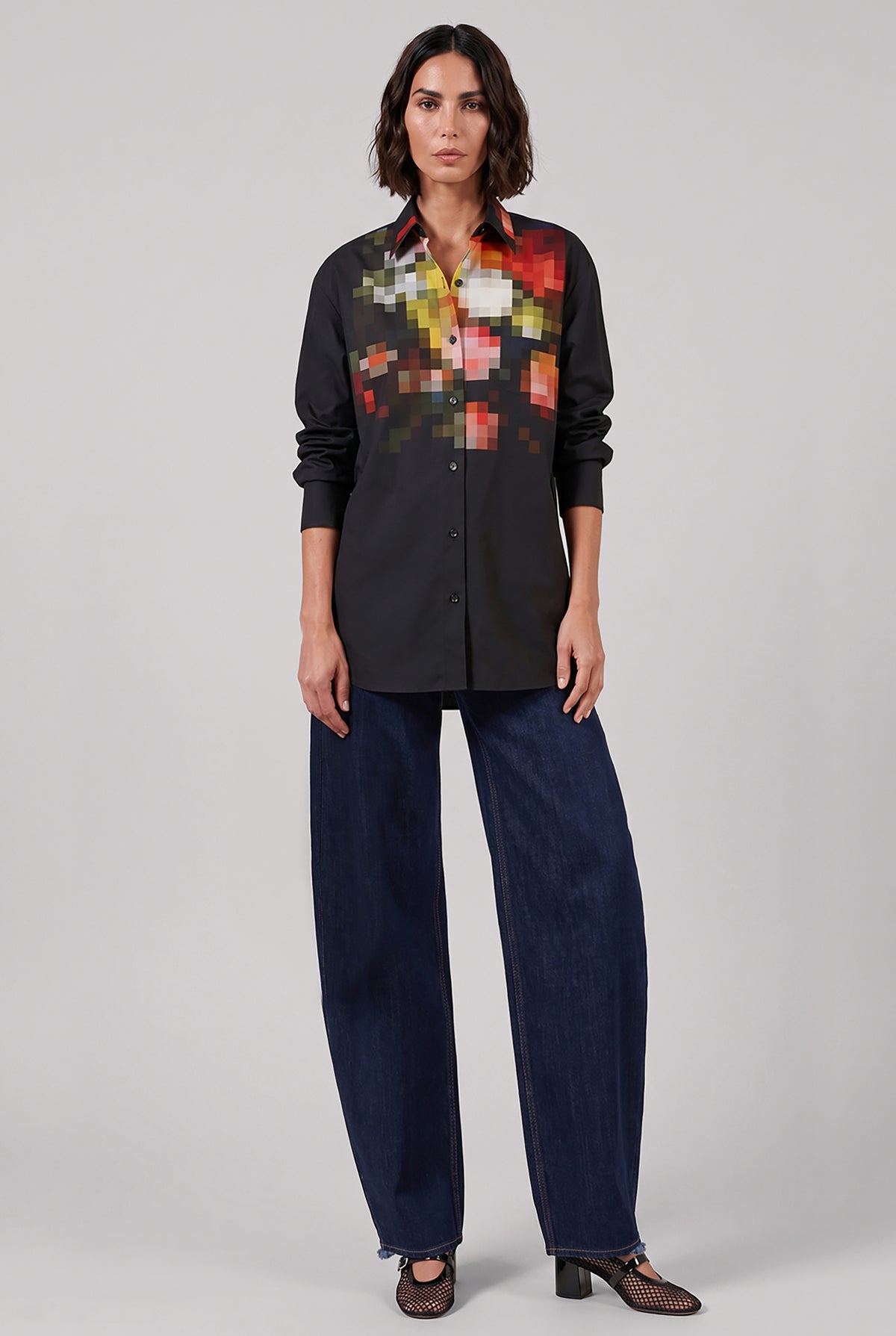 DRIES VAN NOTEN RTW Casia Pixel Floral Oversize Cocoon Shirt | Black/Multi