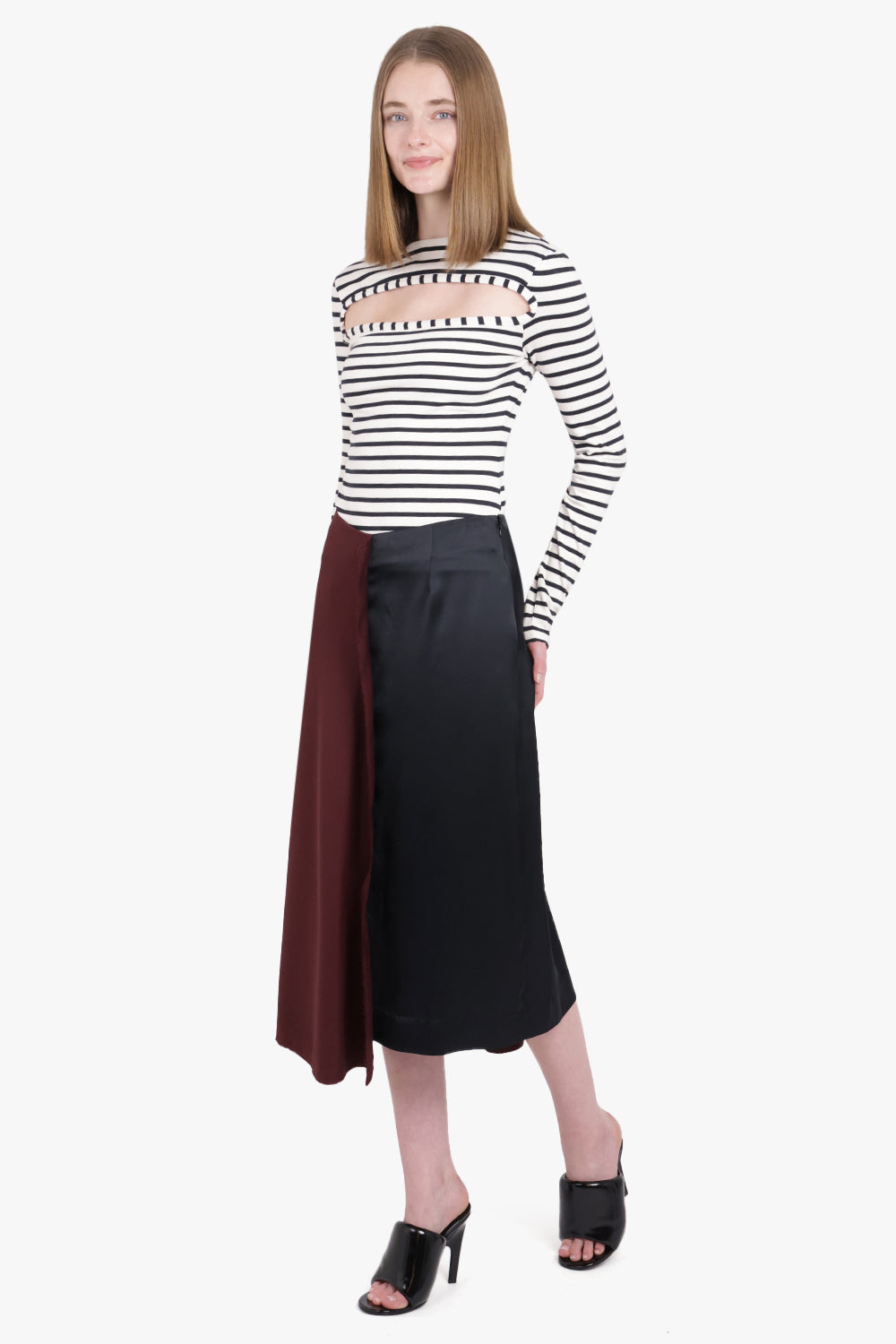 PLAN C RTW Layered Contrast Midi Skirt | Burgundy/Black