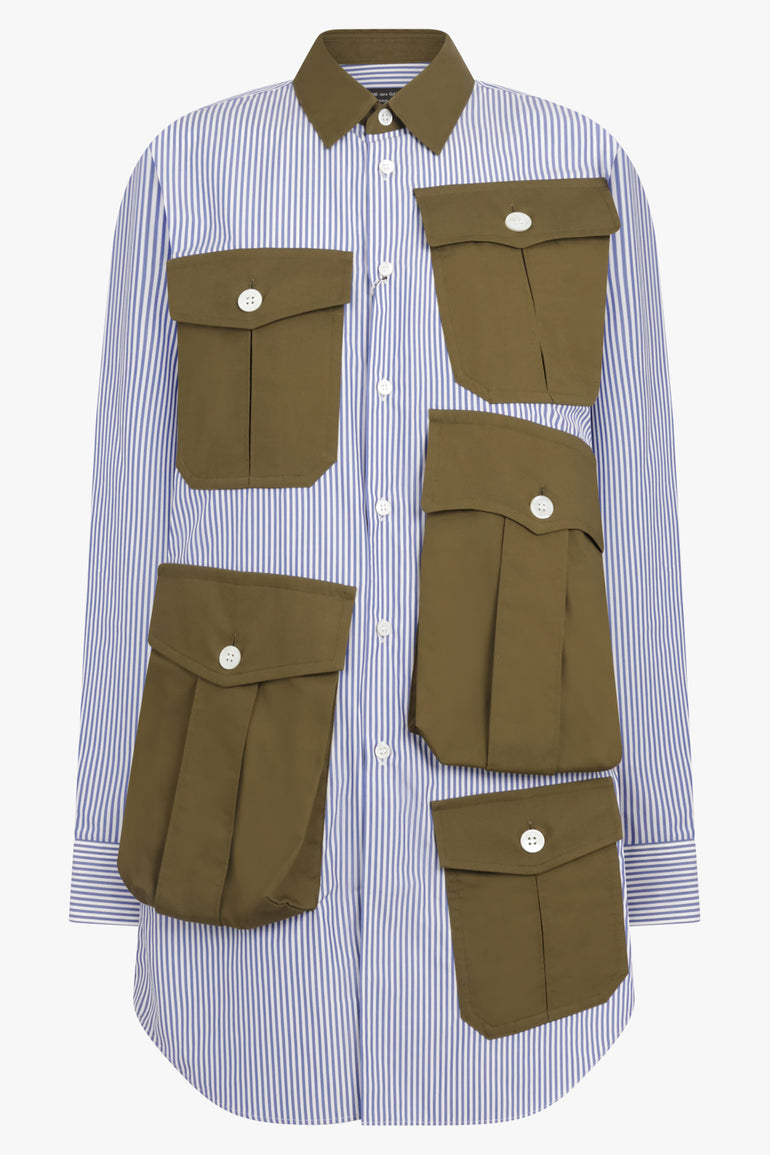 COMME DES GARCONS HOMME PLUS RTW L/S Stripe Pocket Detail Shirt Dress | Navy/White/Khaki