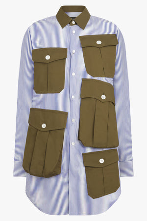 COMME DES GARCONS HOMME PLUS RTW L/S Stripe Pocket Detail Shirt Dress | Navy/White/Khaki