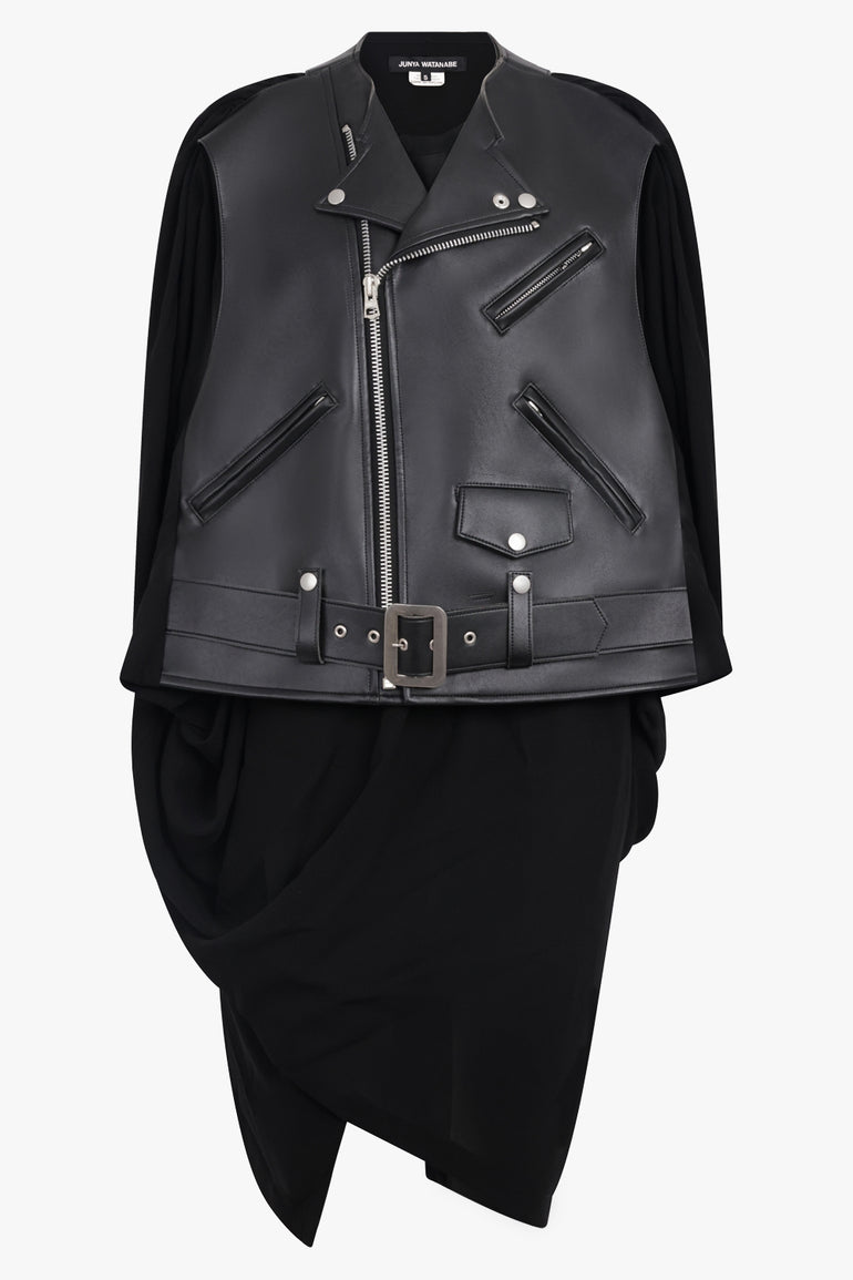 JUNYA WATANABE RTW Leather Biker Jacket with Drape Attachment | Black