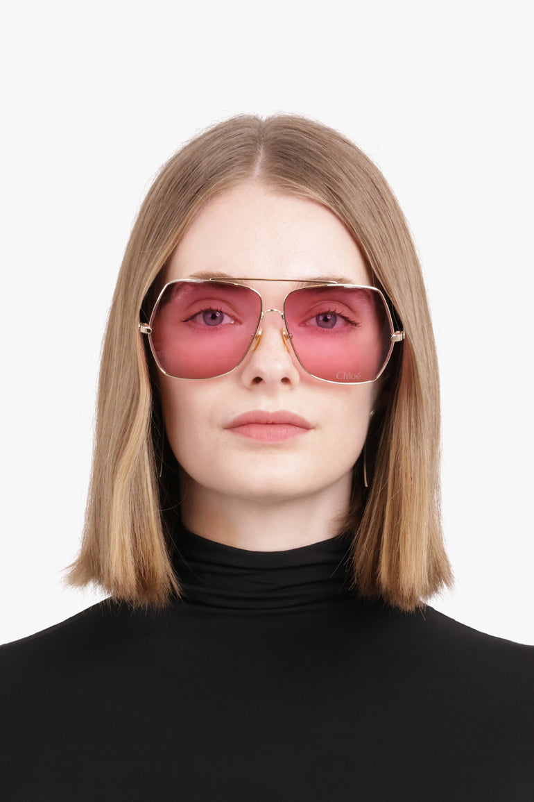 CHLOE ACCESSORIES GOLD / PINK CH02785 Rectangular Solared Sunglasses | Gold/Red