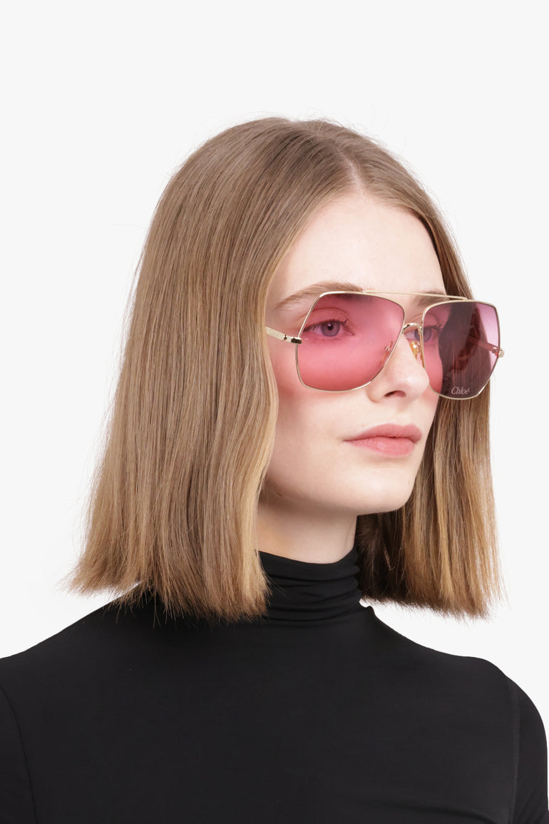 CHLOE ACCESSORIES GOLD / PINK CH02785 Rectangular Solared Sunglasses | Gold/Red