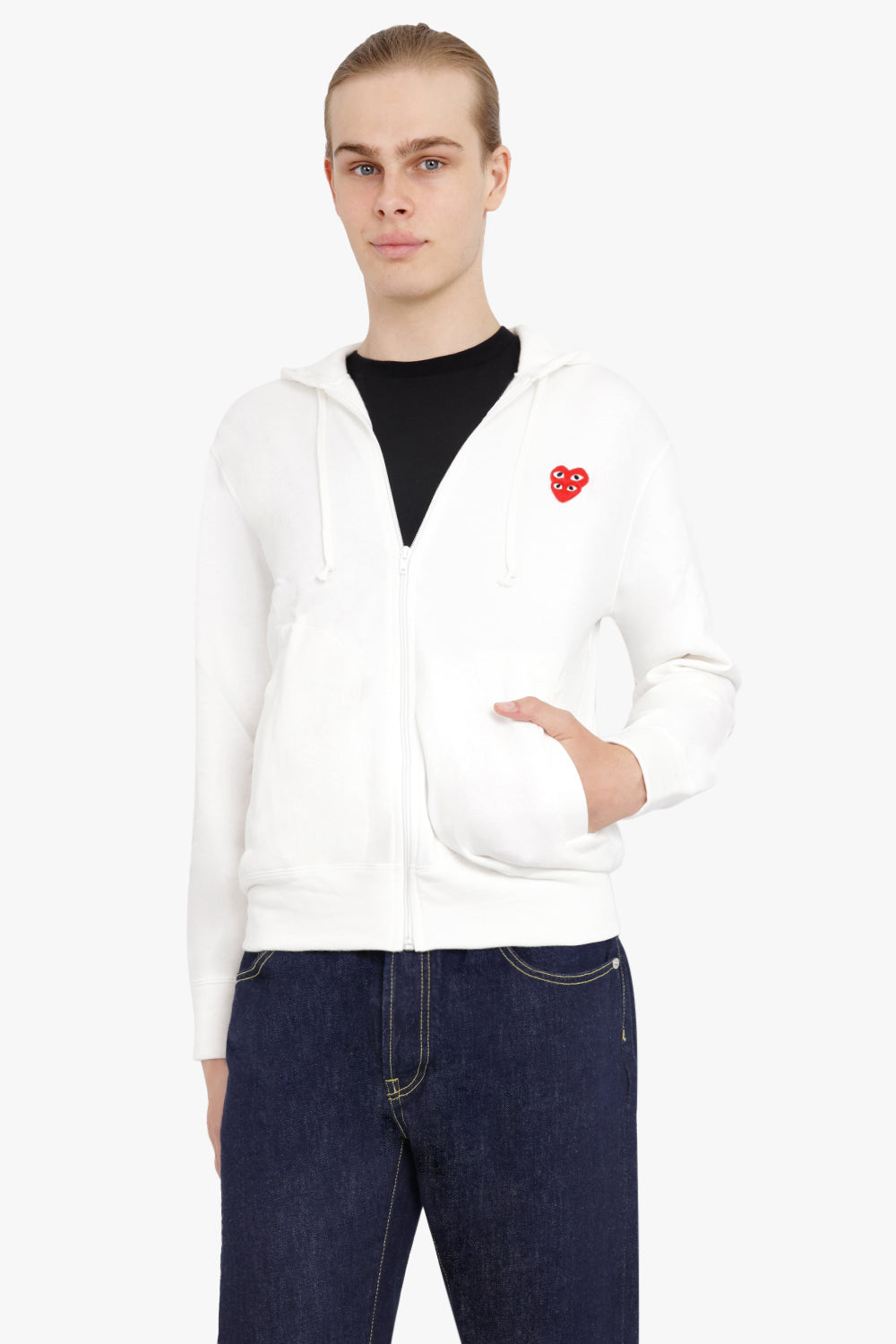 COMME DES GARCONS PLAY RTW PLAY MENS DOUBLE HEART ZIP HOODY | WHITE/RED HEARTS