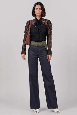 Contrast Denim Wide Leg Pant | Indigo Blue/Khaki