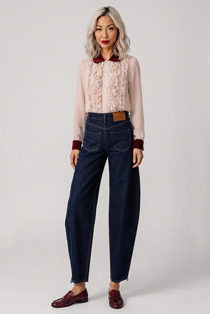 Bow Embellish L/S Shirt With Velvet Ruffle Hem | Beige/Burgundy