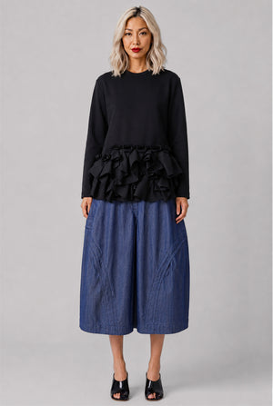 Crew Neck L\S Top with Exaggerated Ruffle Hem | Black