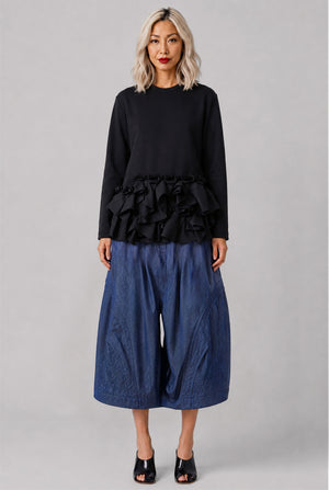 Curve Panel Denim Crop Drawstring Pant | Blue
