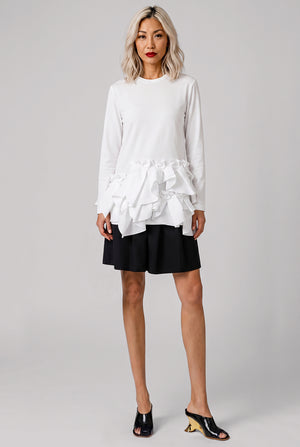 Crew Neck L\S  Top with Exaggerated Ruffle Hem | White