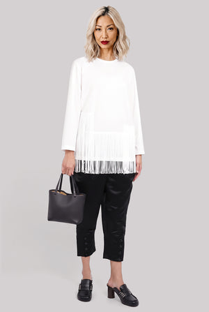Crew Neck L\S Top with Tassel Hem | White