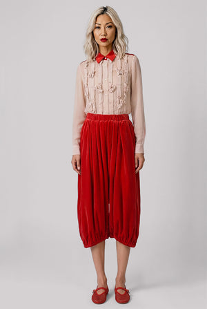 Elastic Waist Velvet Drop Crotch Pant | Red