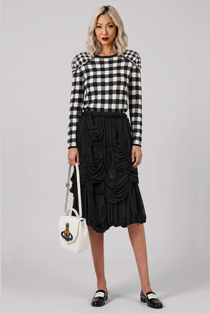 Knit Check L/S Top with Padded Shoulder Pads | Black/White