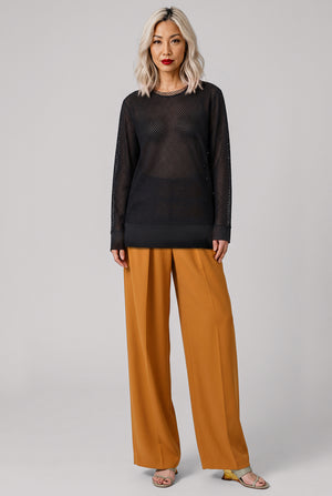 Layered L/S Sheer X Netted Mesh Top | Black