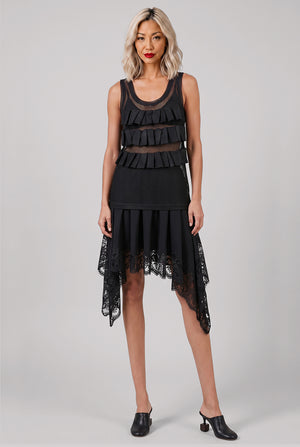 Lace Detail Asymmetric Mini X Midi Skirt | Black