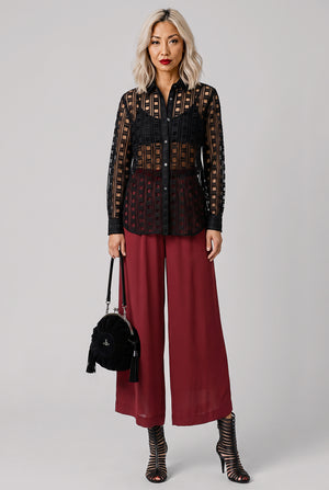 Wide Leg Sheer Crop Pant | Burgundy