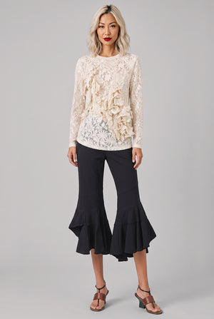 Lace Print Ruffle Front Asymmetric Top | Ivory