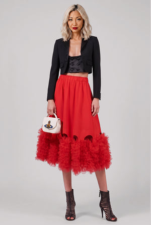 Midi Skirt With Attached Tulle Hem | Red