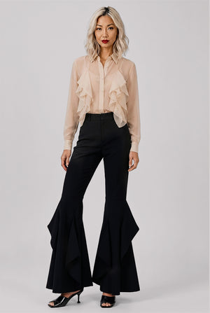 Ruffle Front Long Shirt | Beige
