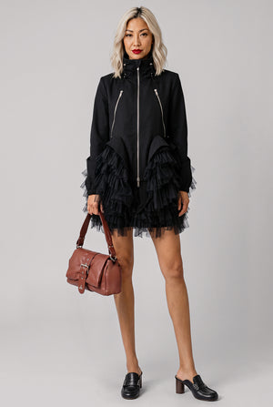 Ruffle Trim Tulle Hem Jacket | Black