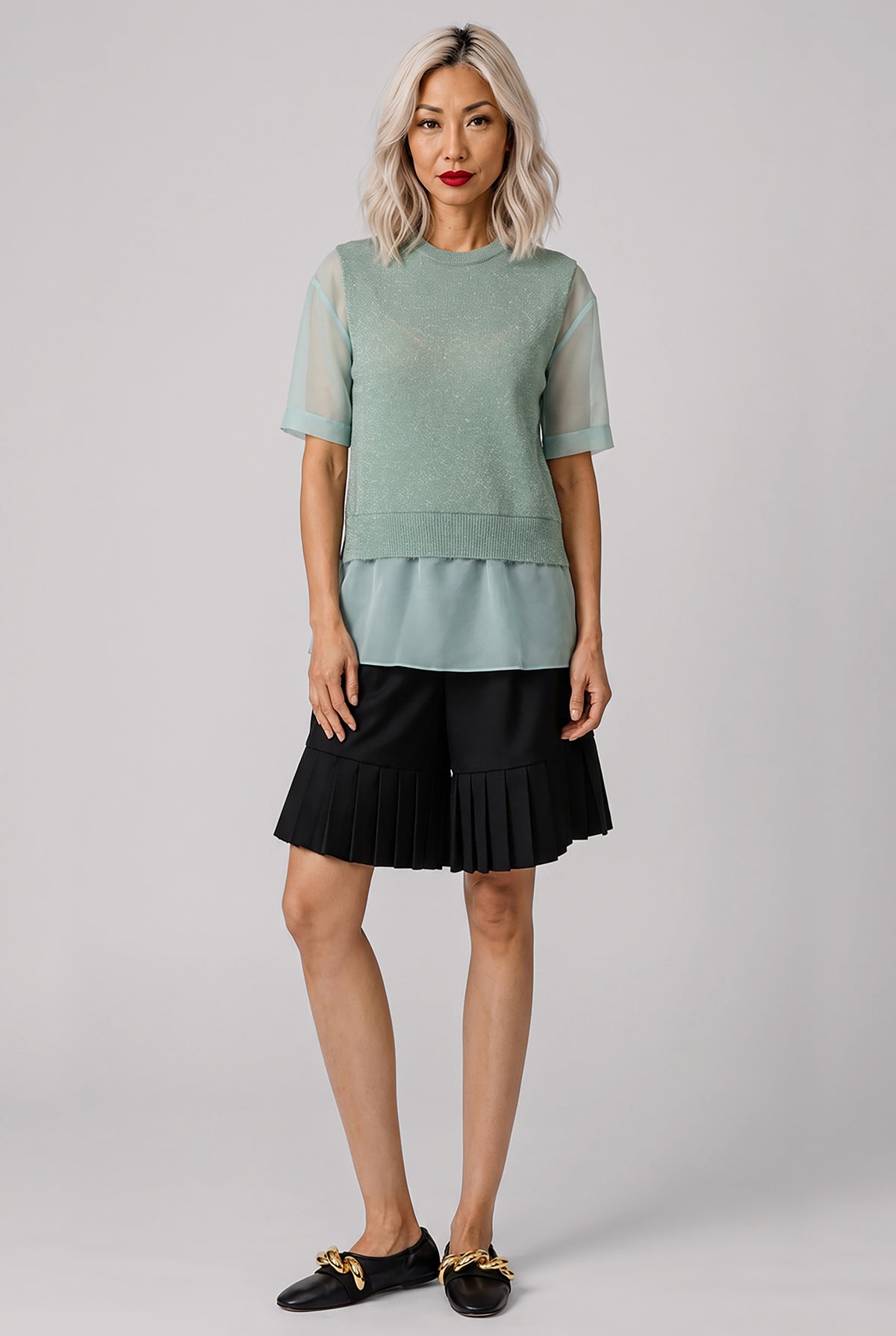 NOIR KEI NINOMIYA RTW Shiny Knit X Sheer Top | Mint