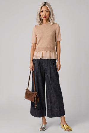 NOIR KEI NINOMIYA RTW Shiny Knit X Sheer Top | Pink Beige