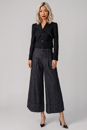 Turn-Up Wide Leg Denim Pant | Navy/White