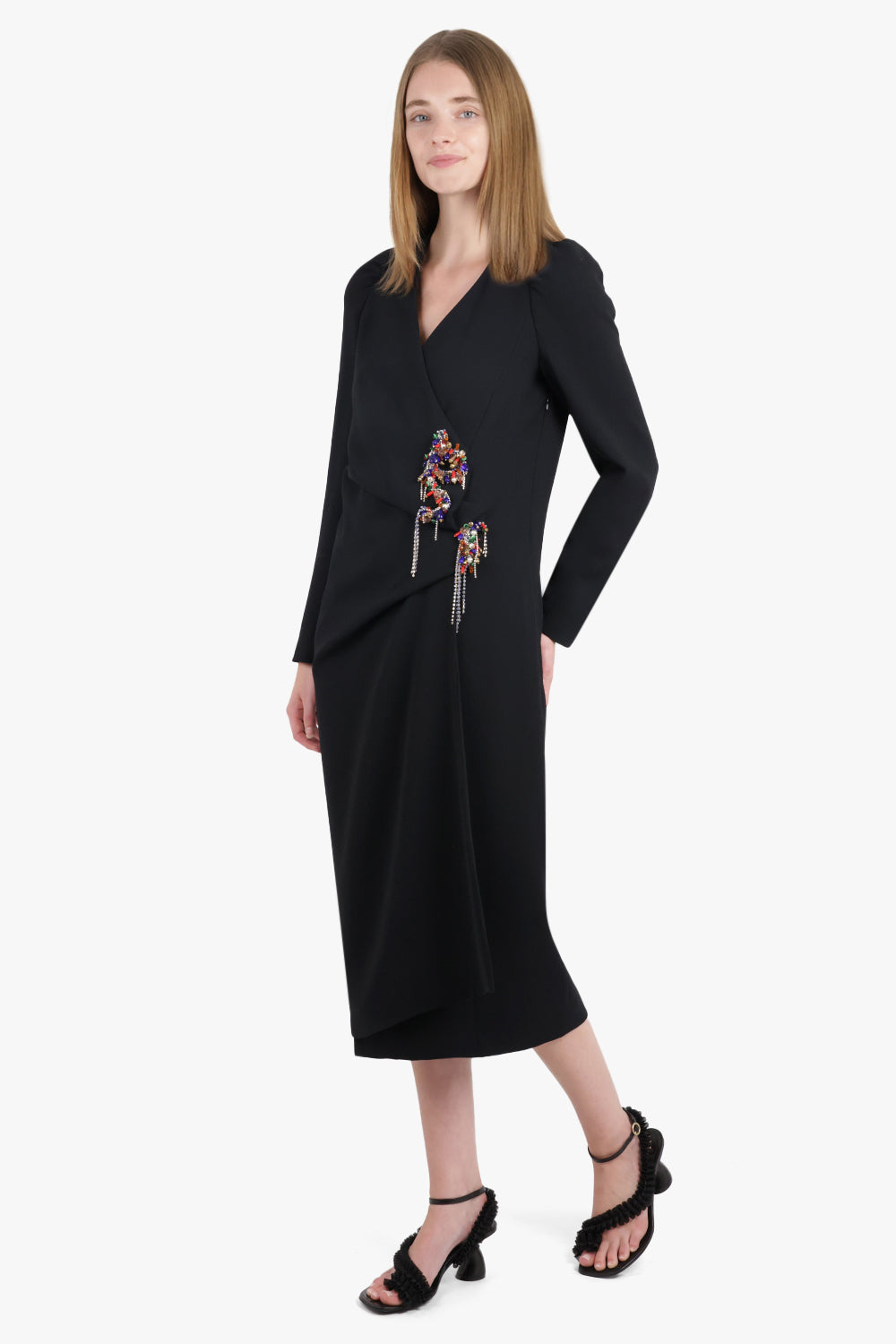 DRIES VAN NOTEN RTW Dapan Embellished Crossover L/S Midi Dress | Black