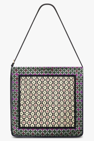 DRIES VAN NOTEN BAGS PATTERN / Yellow/Blue/Green Geometric Print Medium Hobo Bag With Belt Strap | Yellow/Blue/Green