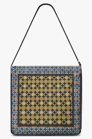 DRIES VAN NOTEN BAGS PATTERN / Yellow/Blue/Green Geometric Print Medium Hobo Bag With Belt Strap | Yellow/Blue/Green