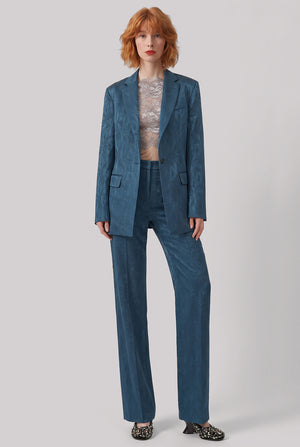 Baftan Embossed Swirl Single Breast Jacket | Petrol Blue