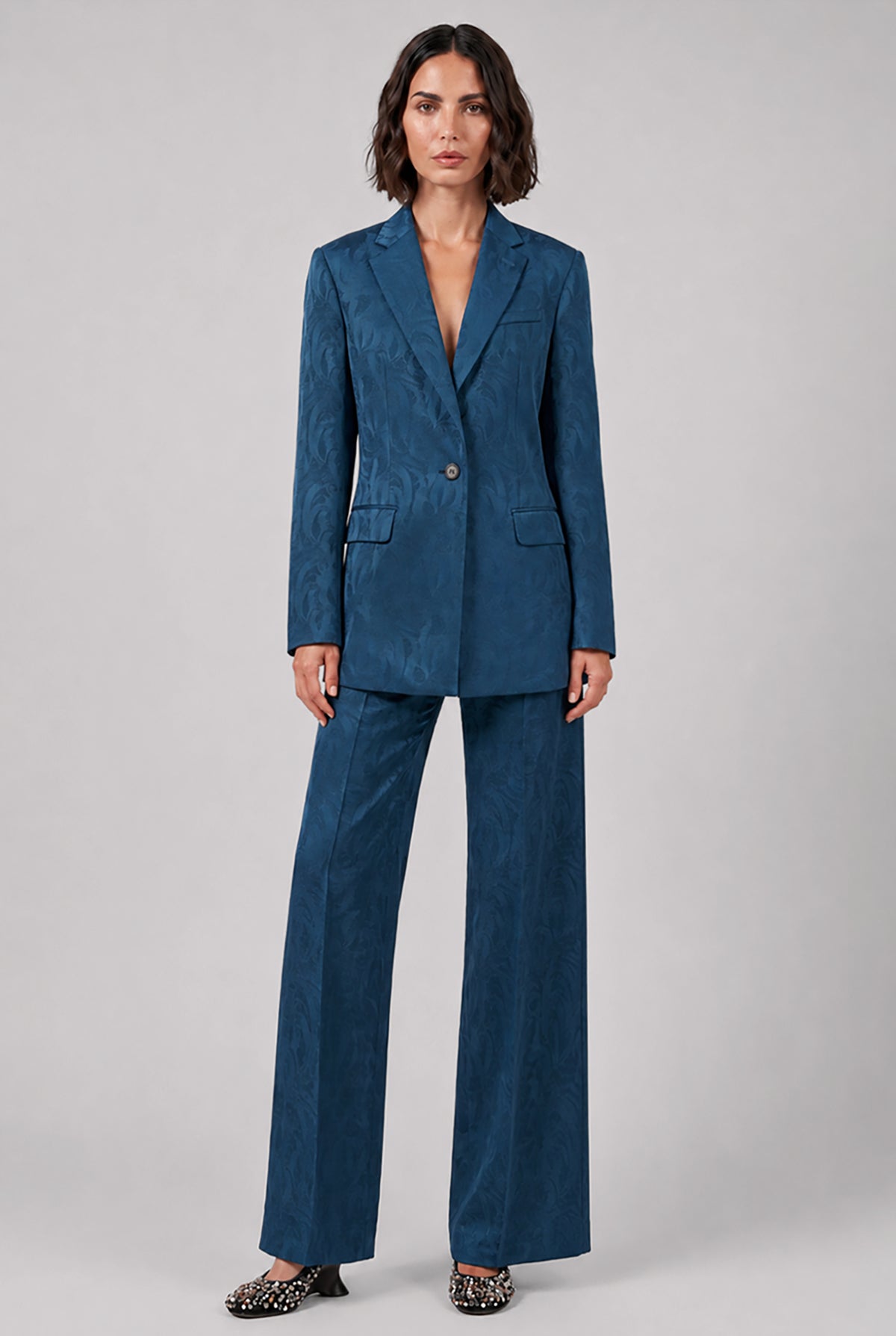 DRIES VAN NOTEN RTW Baftan Embossed Swirl Single Breast Jacket | Petrol Blue