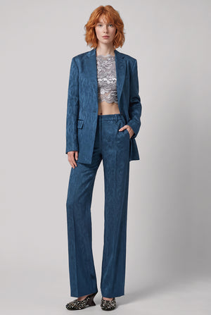 Baftan Embossed Swirl Single Breast Jacket | Petrol Blue