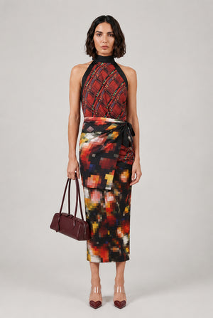 Carfy Geometric X Floral Scarf Top | Red/Multi