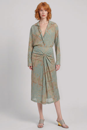 Smila Draped Floral Motif Midi Skirt | Green/Multi