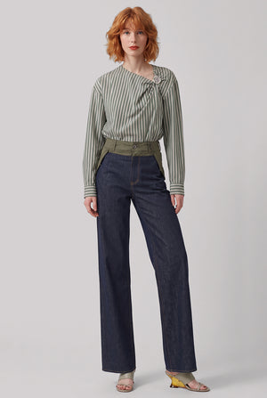 Cijou Stripe Asymmetrical Knot Detail L/S Blouse | Pistachio/Pink